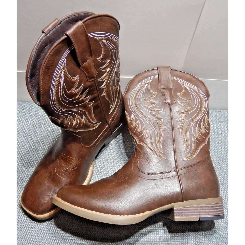 Men’s Brown Square Toe Cowboy Boots 9.5 Embroidered Western Pull-On S0718-1 New
